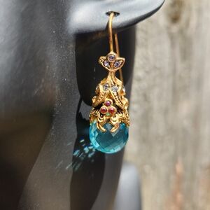 Mia Fiare Italy 14k gold plated bronze  with aqua facet cut teardrop